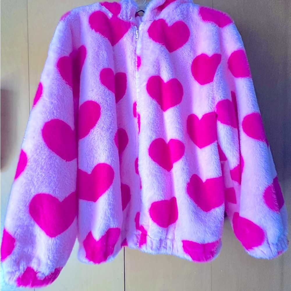 SHEIN EZwear Pink Heart Pattern Drop Shoulder Zipper Hooded Teddy Plush Jacket